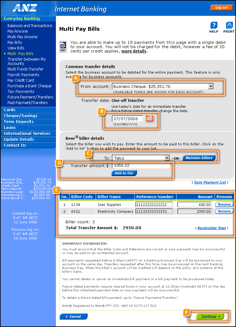Multi Pay Bills Page