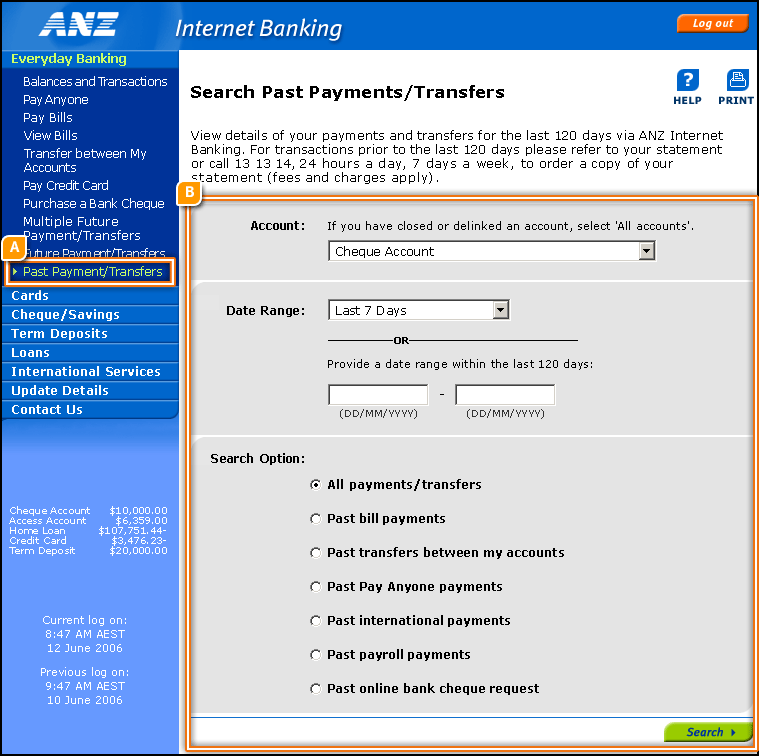 Search Past Payments/Transfers Action Page