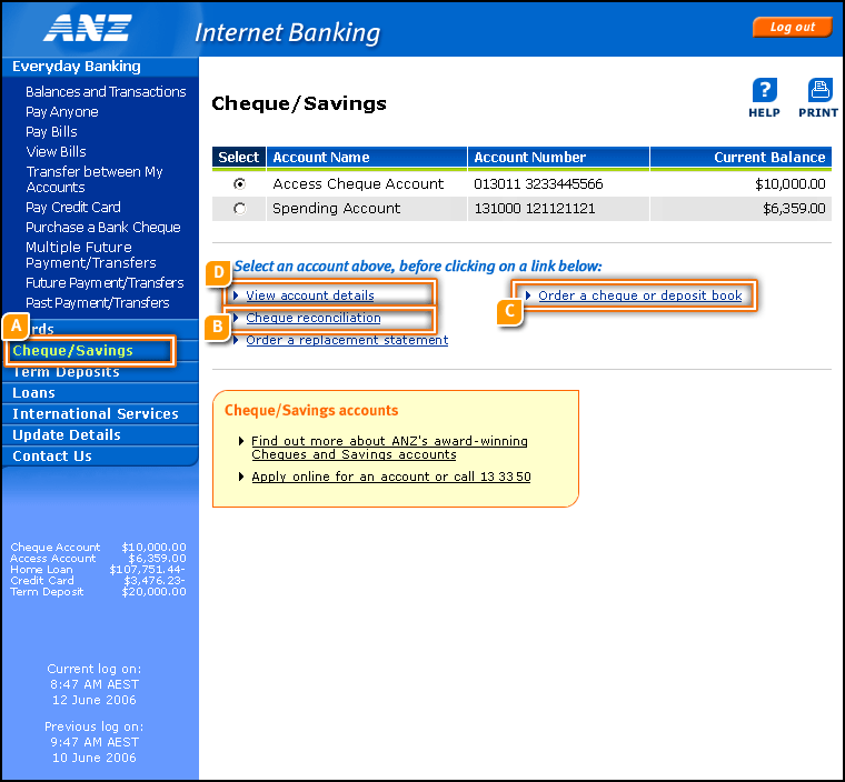 Cheque/Savings Account Summary Page