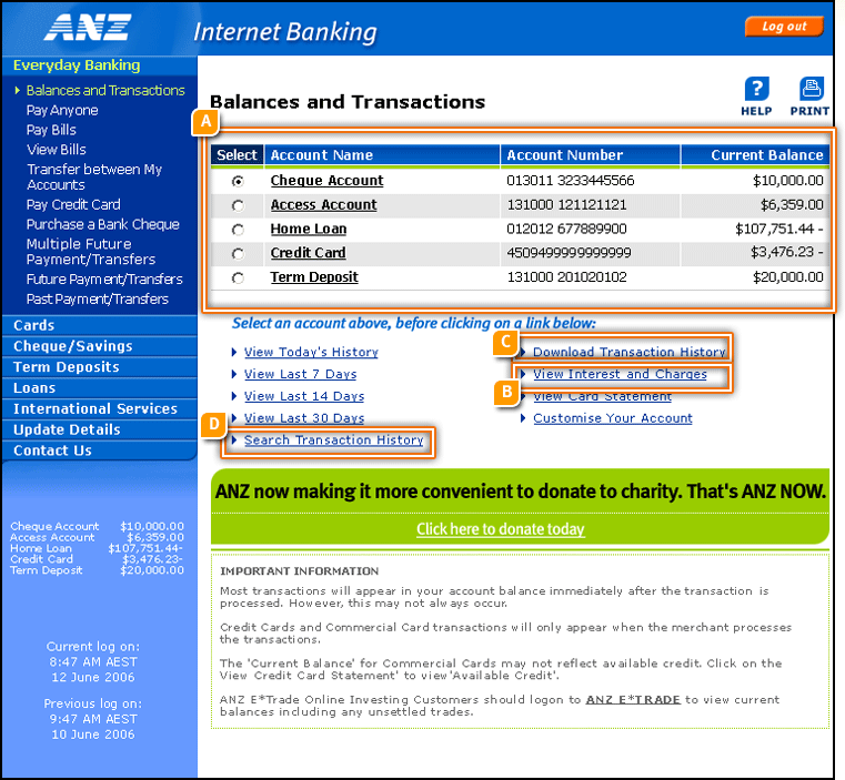 Balances and Transactions Screen