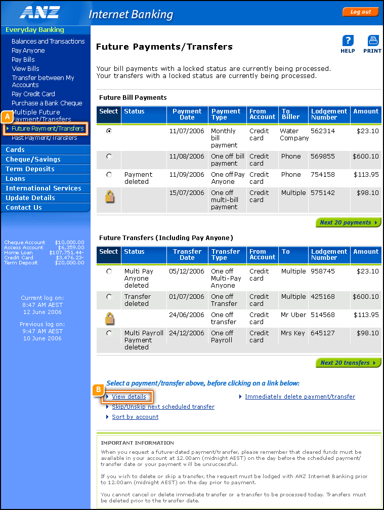 Summary of Future Payments/Transfers Screens