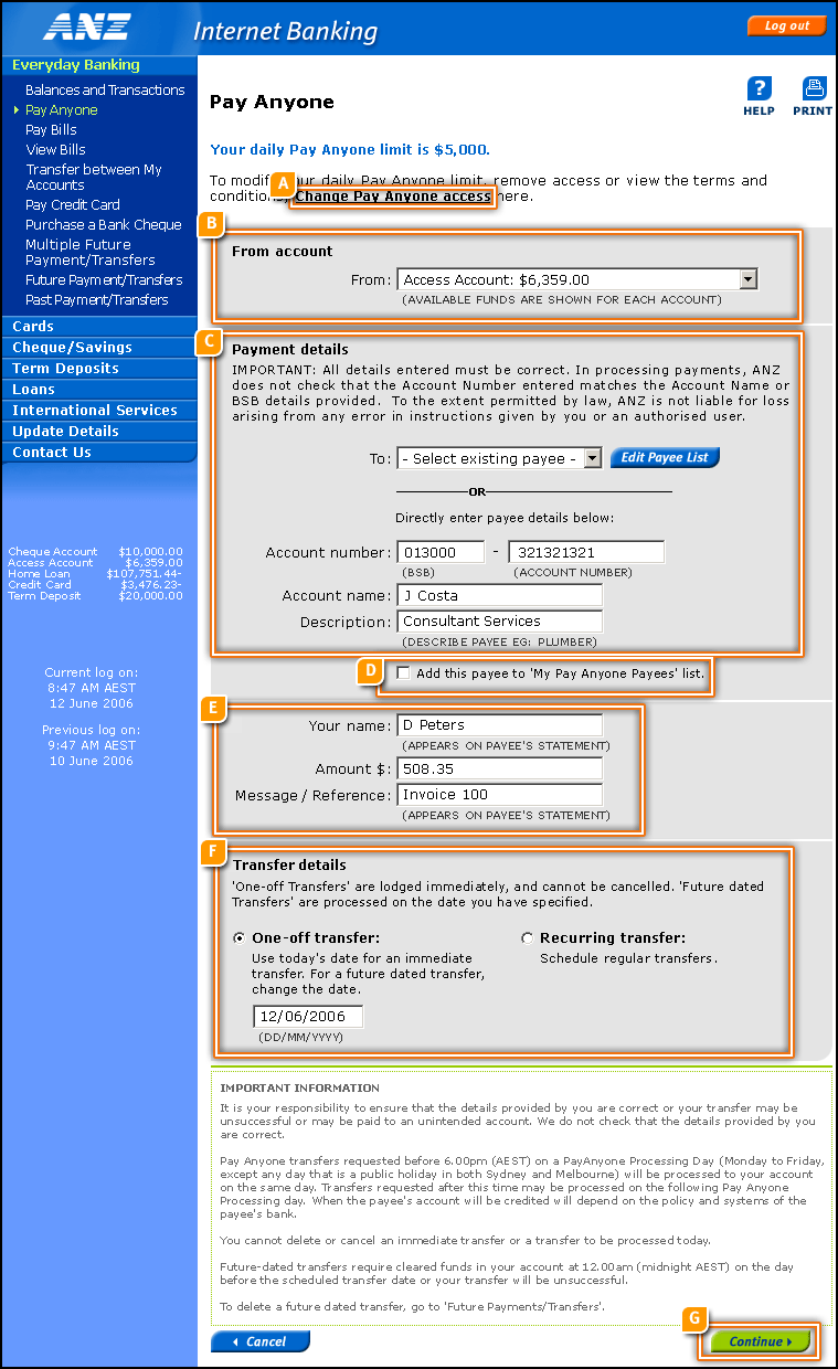 Pay Anyone Action Page