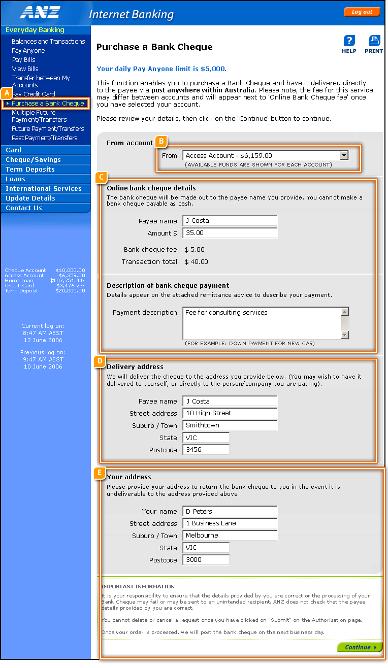Purchase a Bank Cheque Action Page