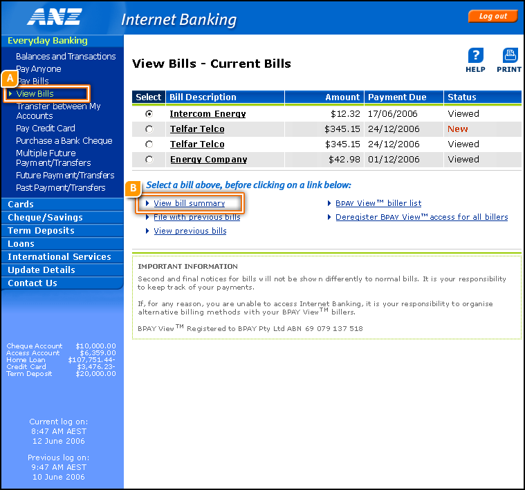 Summary of View Bills - Current Bills Page