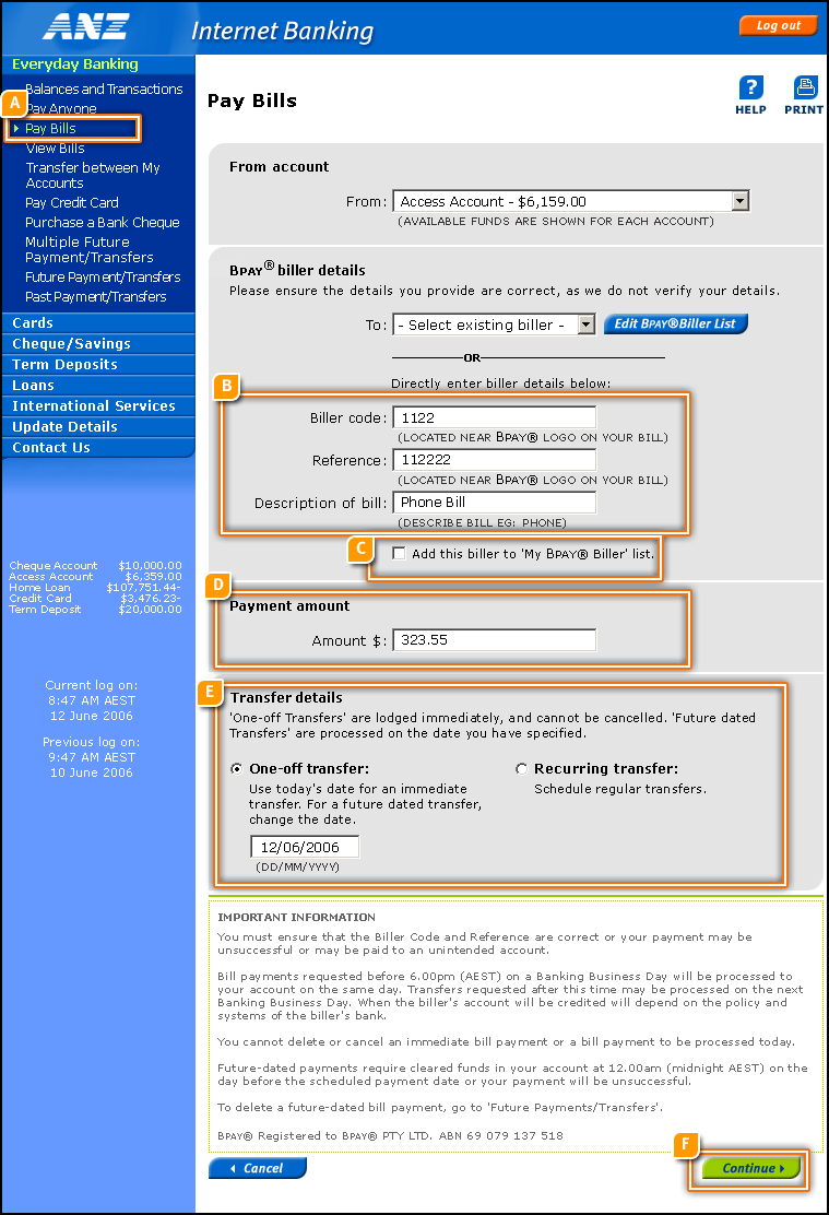 Pay Bills Action Page