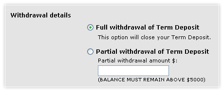 Terminate Term Deposit early - withdrawal details