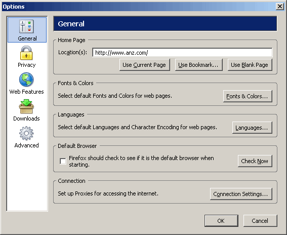 Firefox Options window with General options selected