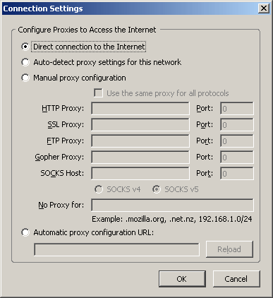 Firefox Connection Settings window
