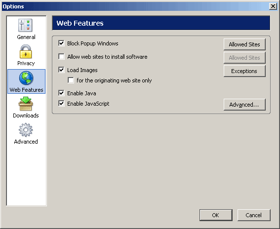 Firefox Options window with Web Features selected