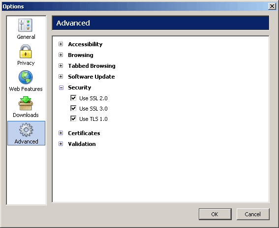 Firefox Options window with Advanced options selected