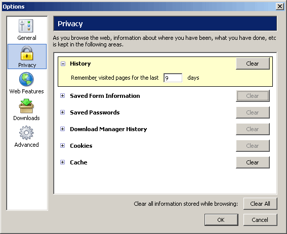 Firefox Options window with Privacy options selected
