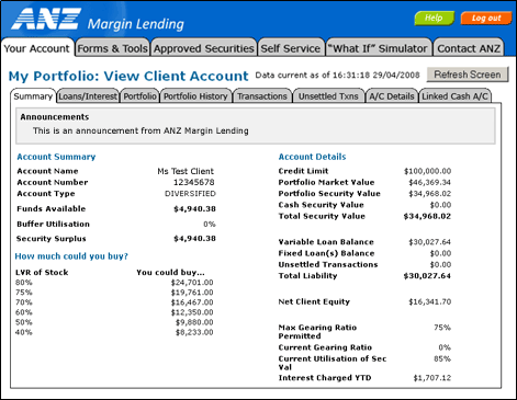 My Portfolio - Account Summary Screen