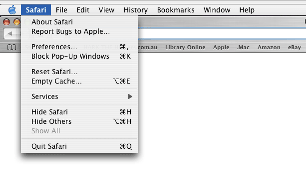 Safari browser menu bar with the word Safari selected