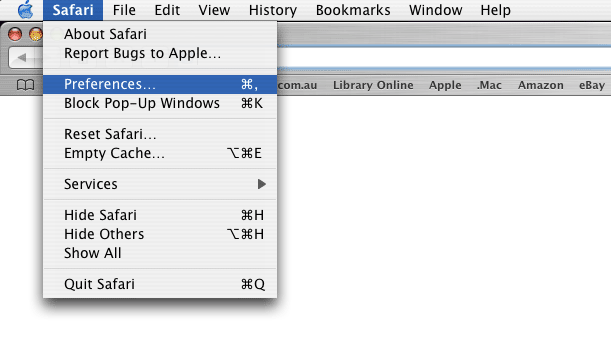 Safari option drop down menu with Preferences option selected