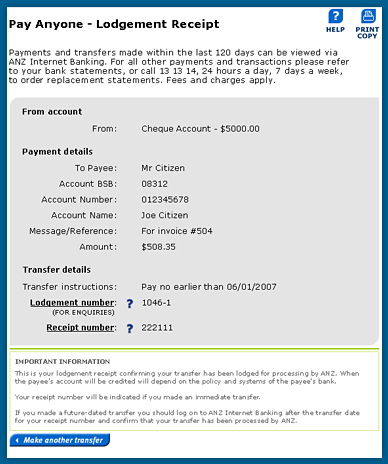 payment anz receipt lodgement confirmation lodged indicates processing successfully appear button screen been internet