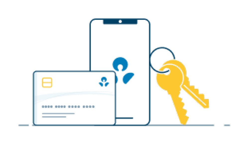 Illustration of a credit card, mobile phone with anz app and house keys 