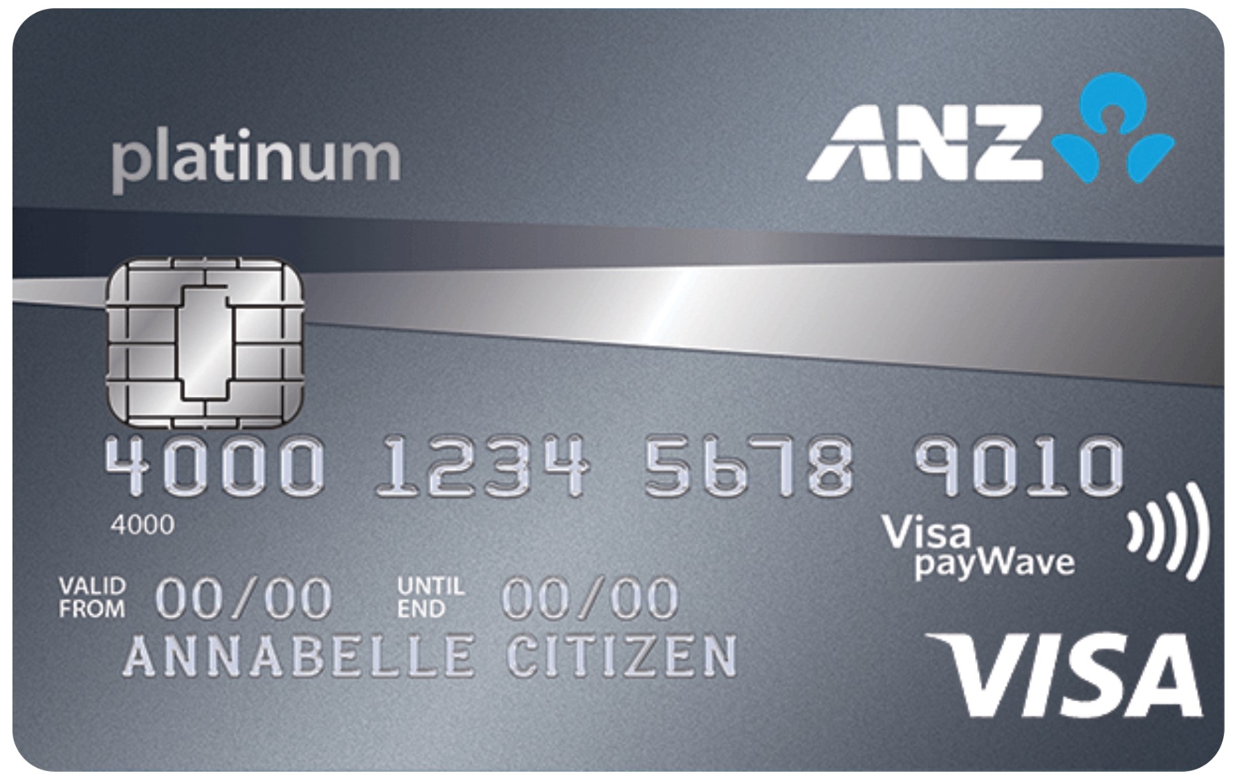 Front view of ANZ Platinum credit card with Visa logo visible