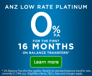 ANZ low rate platinum 0%p.a. for the first 16 months on balance transfers.